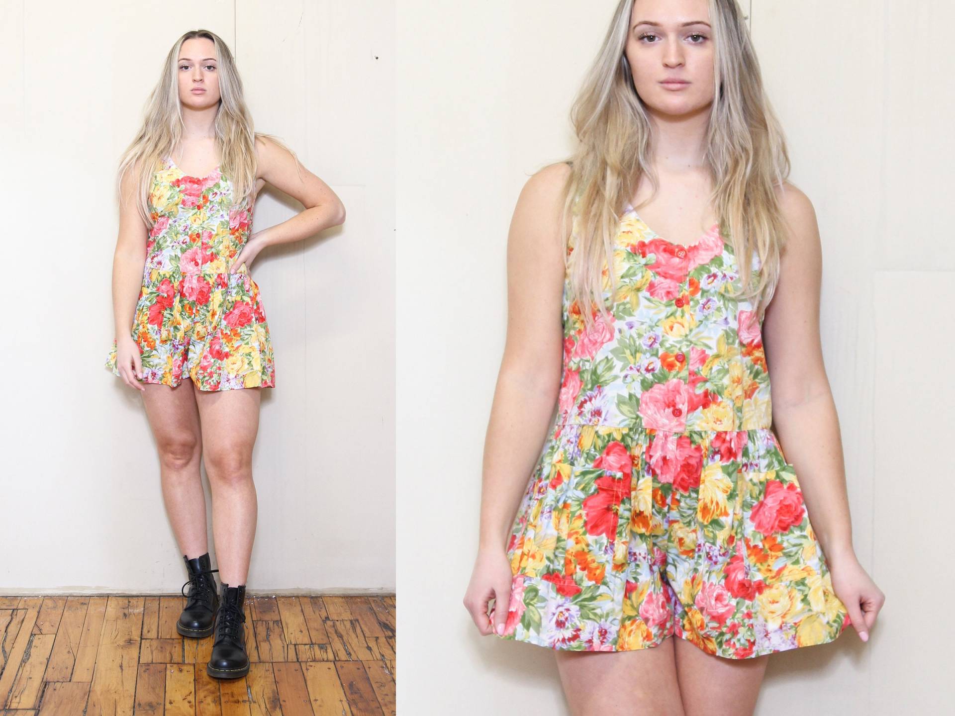 Vintage 80Er 90Er Jahre Blumen Abstrakt Arty Aquarell Farbe Shorts Overalls Rock Stil Grunge Punk Goth Cutesy Babydoll Mini Playsuit Strampler S von theDepressedWaitress