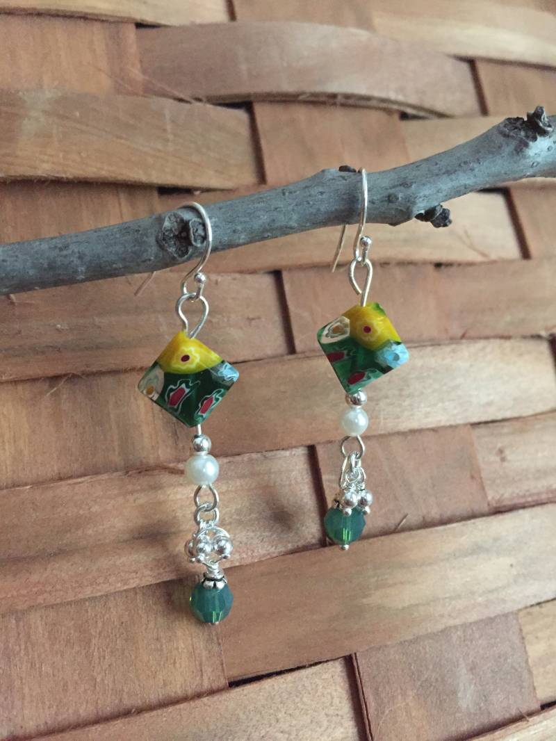 sterling Silber, Millefiori, Perlen Swarovski-Kristallen Und Kleinen S/S Perle Baumelt sterling Silber, Millefiori, Perlen Swarovski-Kristallen Und Kleinen S/S Perle Baumelt von thePearlyPanoply