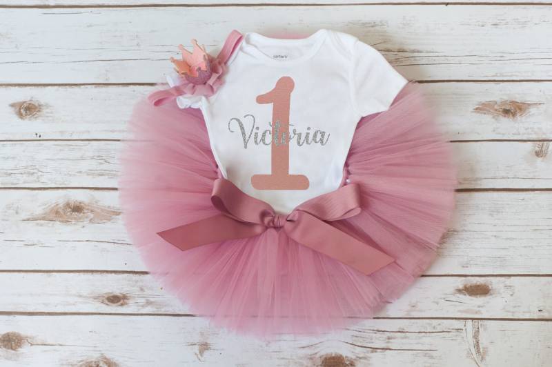 Geburtstags Outfit "Rosy' Rosé Gold Cake Smash Mit Name, Tutu Für Den Ersten Geburtstag von thePhotoPunks