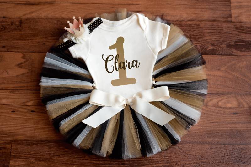 Personalisiertes Ersten Geburtstag Tutu Set "Clara Gold' Schwarz Und Gold Mit Namen, Kuchen Zerschlagen von thePhotoPunks