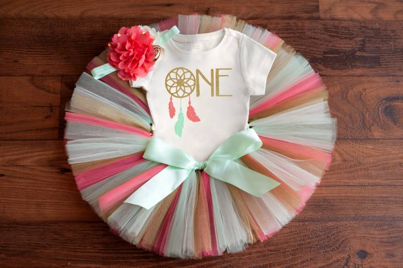 Traumfänger Baby Mädchen Erster Geburtstag Outfit "Siera Gold' Mint Koralle Und Gold von thePhotoPunks