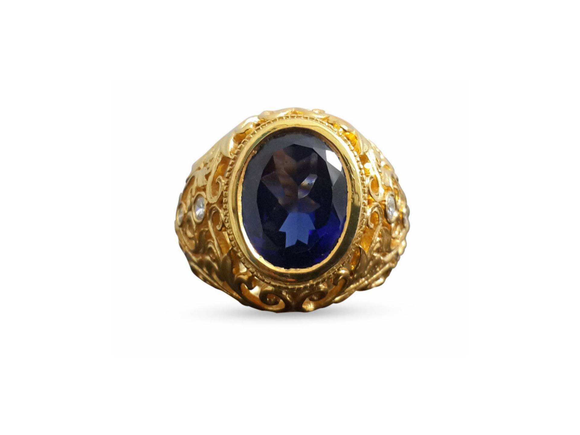 3 Karat Blau Oval Vintage Stil Filigrane Herrenring 925 Sterling Silber Lab Sapphire 14K Gelbgold Überzogen Geschenk Für Ihn Handgefertigter Luxus von theadastrajewelry