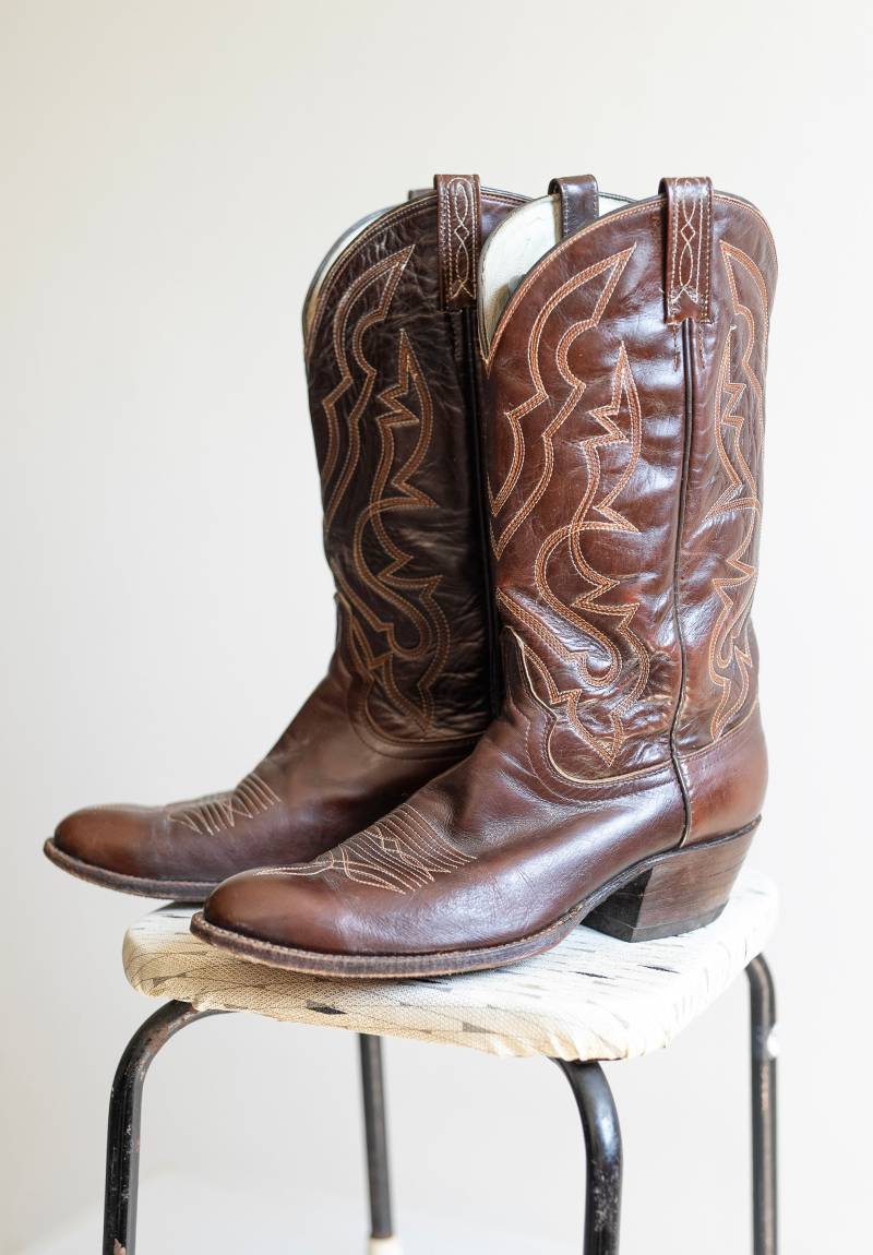 Vintage Dan Post Braune Leder Cowboy Stiefel Bestickter Roper, Herren 10 von thebestfit