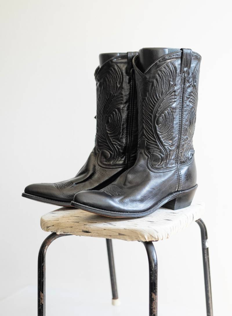 Vintage Abilene Cowboy-stiefel Aus Schwarzem Leder - Bestickter Roper-stiefel Für Frauen von thebestfit