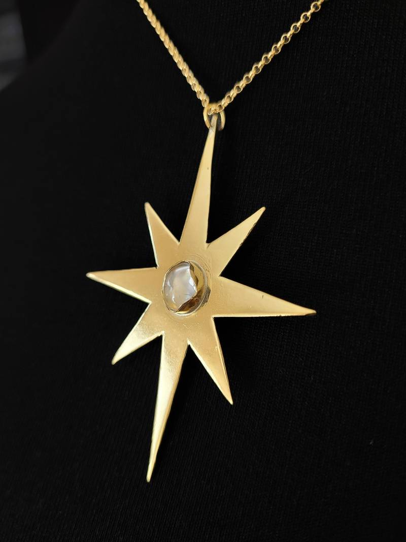 Mondstein Stern Amulett + Halskette, Messing Und Vergoldetes Sterlingsilber von theboldx