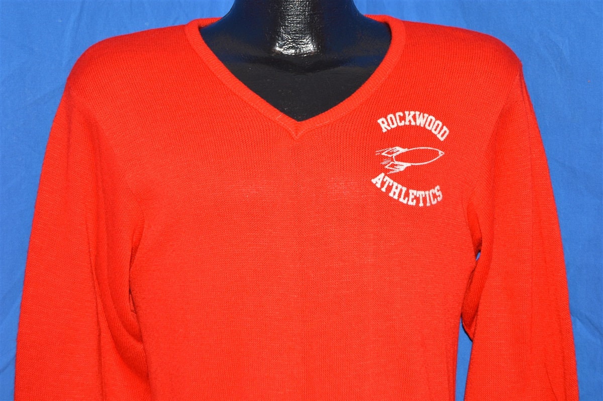 60Er Jahre Rockwood Pennsylvania Athletics Rocket Vintage V-Neck Sweater Rot Small 60Er Jahre Rockwood Pennsylvania Athletics Rocket Vintage V-Neck Sweater Rot Small von thecaptainsvintage