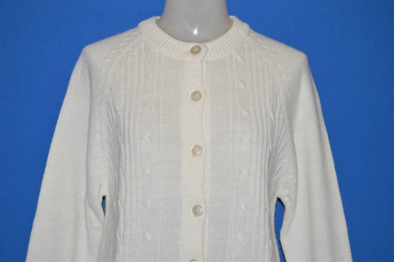 70Er Jahre Weiß Zopfmuster Damen Strickjacke Pullover Medium von thecaptainsvintage
