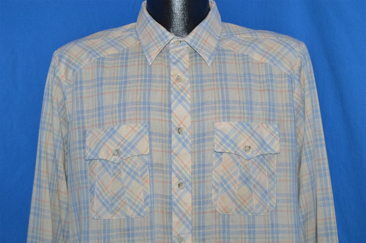 80Er Blau Grün Off-White Kariertes Button-Down Hemd Groß von thecaptainsvintage
