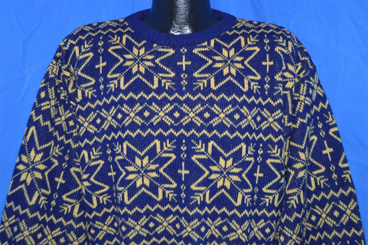 80Er Jahre Blau Gelbes Schneeflocken Muster Ski Sweater Large von thecaptainsvintage