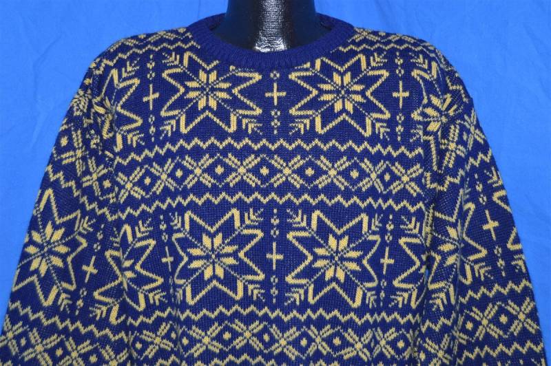 80Er Jahre Blau Gelbes Schneeflocken Muster Ski Sweater Large von thecaptainsvintage