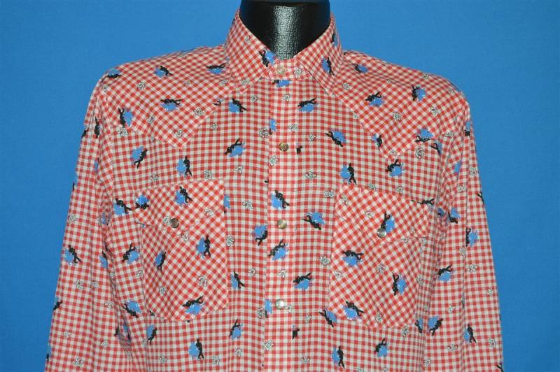 80Er Jahre Dc Brand Gingham Square Dancing Perle Snap Shirt Large von thecaptainsvintage