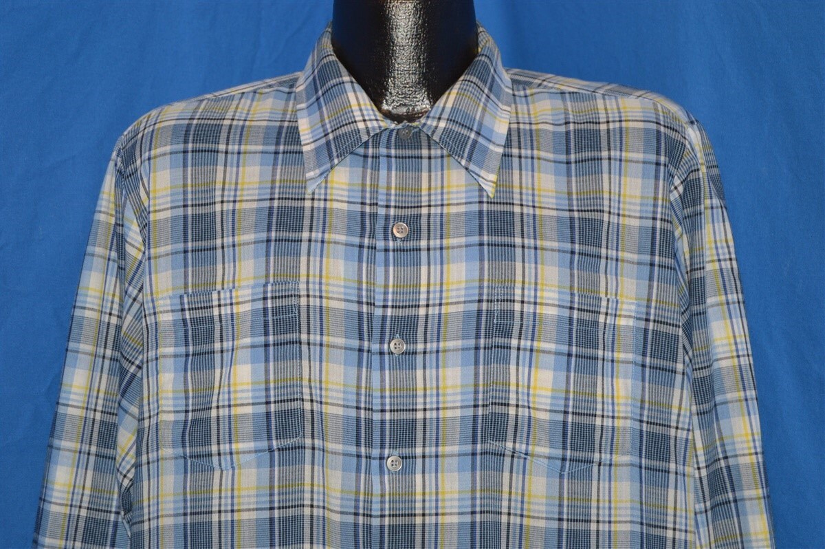 80Er Jahre Jcpenney Blau Gelb Kariertes Button Down Shirt Large von thecaptainsvintage
