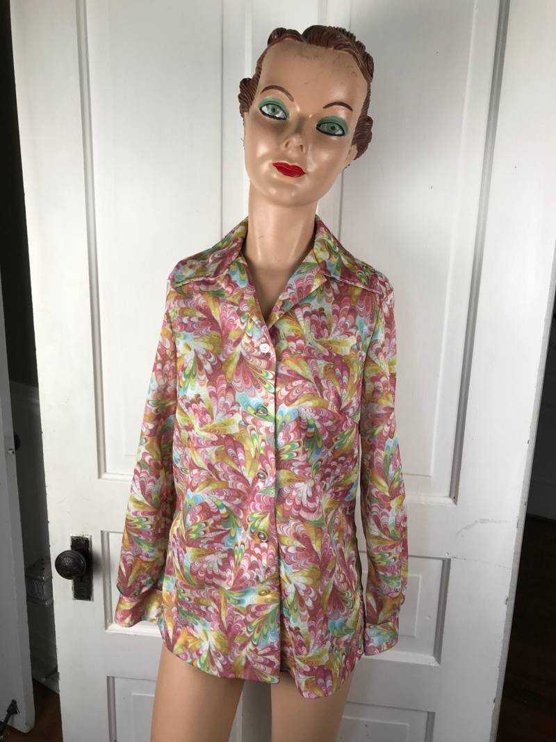 Vintage Damen Größe 10 Lori Lynn Polyester Braun, Gelb Und Grün Abstrakte Druckbluse Oder Oberteil von thecherrychic