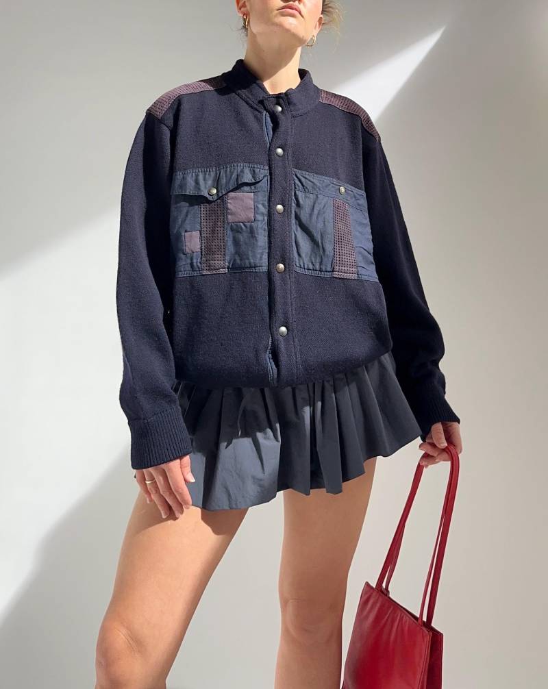 Vintage 80Er 90Er Bomberjacke Dunkelblau Baumwoll-Leinen Strick/Lederpatches Made in Italy Damen Größe 46 44 von thedillonstore