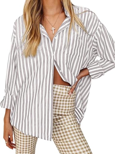 thefabland Damen Blusen Gestreift Langarm Shirts Button Down Loose Fit Casual Tops, 01-grau, XX-Large von thefabland
