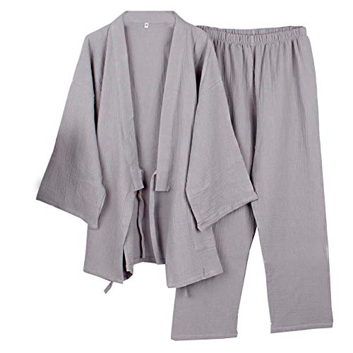 Fancy Pumpkin Japanische Herren Meditations Robe Doppel Gaze Baumwolle Morgenmantel Kimono Pyjama Nachthemd [Grau, Gr??e L] von thefancypumpkin