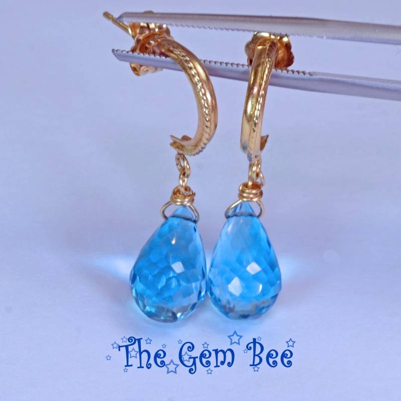 14K Solid Gelb Gold Schweizer Blautopas Teardrop Briolett Perlen Ohrringe von thegembee