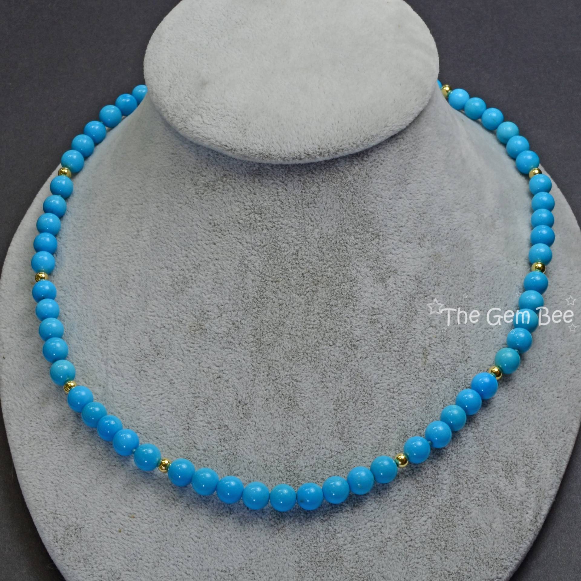 18K Gelb Gold Rotkehlchen Ei Blau Dornröschen Türkis Runde Perlenkette von thegembee