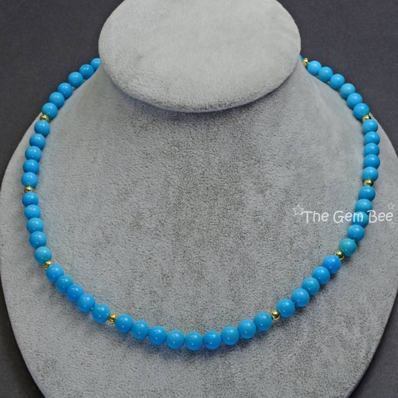 18K Gelb Gold Rotkehlchen Ei Blau Dornröschen Türkis Runde Perlenkette von thegembee