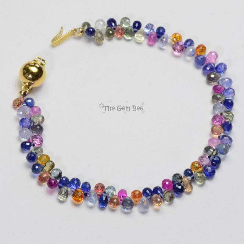 18K Massiv Gelbgold Feine Natürliche Multi Sapphire Teadrop Perlen Armband 7 "Zoll von thegembee