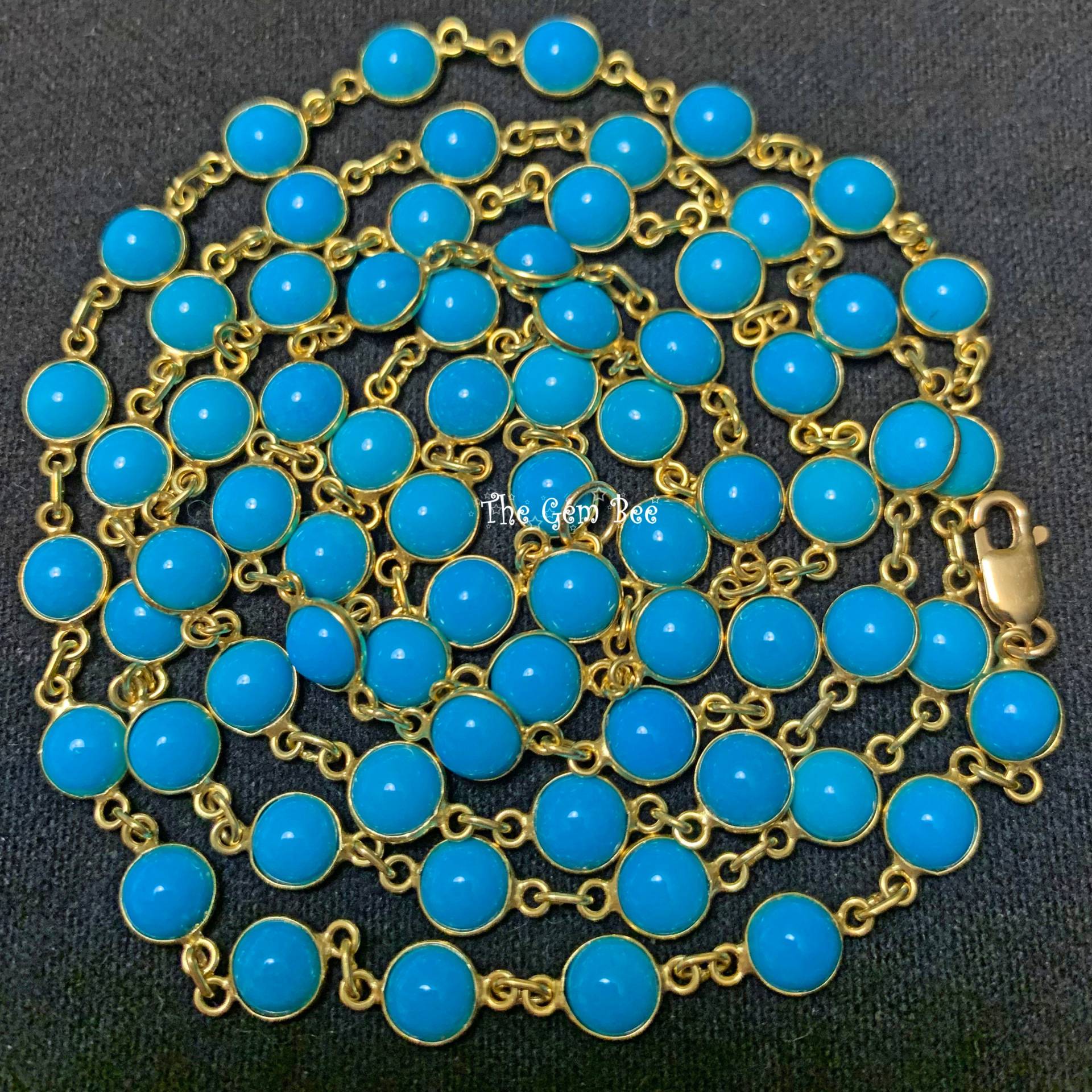 18K Massive Gelbgold 36 Zoll Halskette Mit 6.4mm Dornröschen Türkis Rund Lünette von thegembee