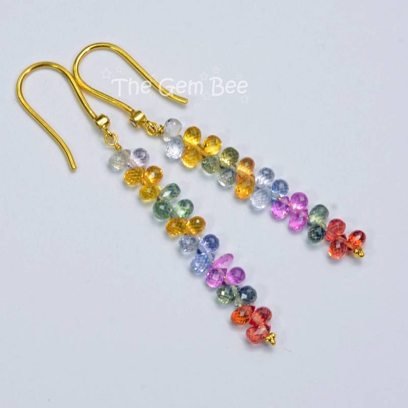 18K Solid Gelb Gold Diamant Multi Color Saphir Ohrringe von thegembee