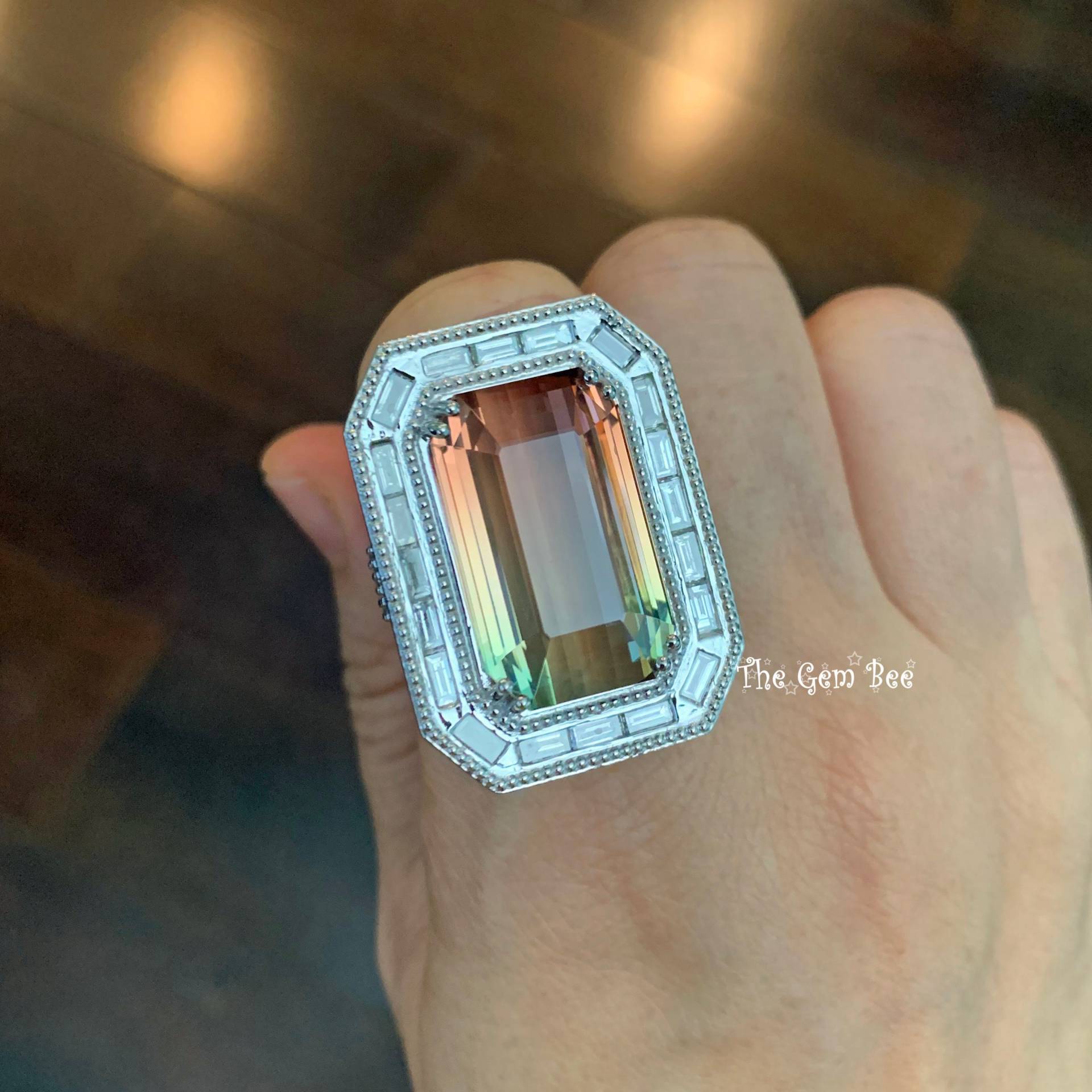 25.86Ct Grün Gelb Orange Rot Wassermelone Turmalin Diamant 18K Gelbgold Ringgröße 6.5 von thegembee