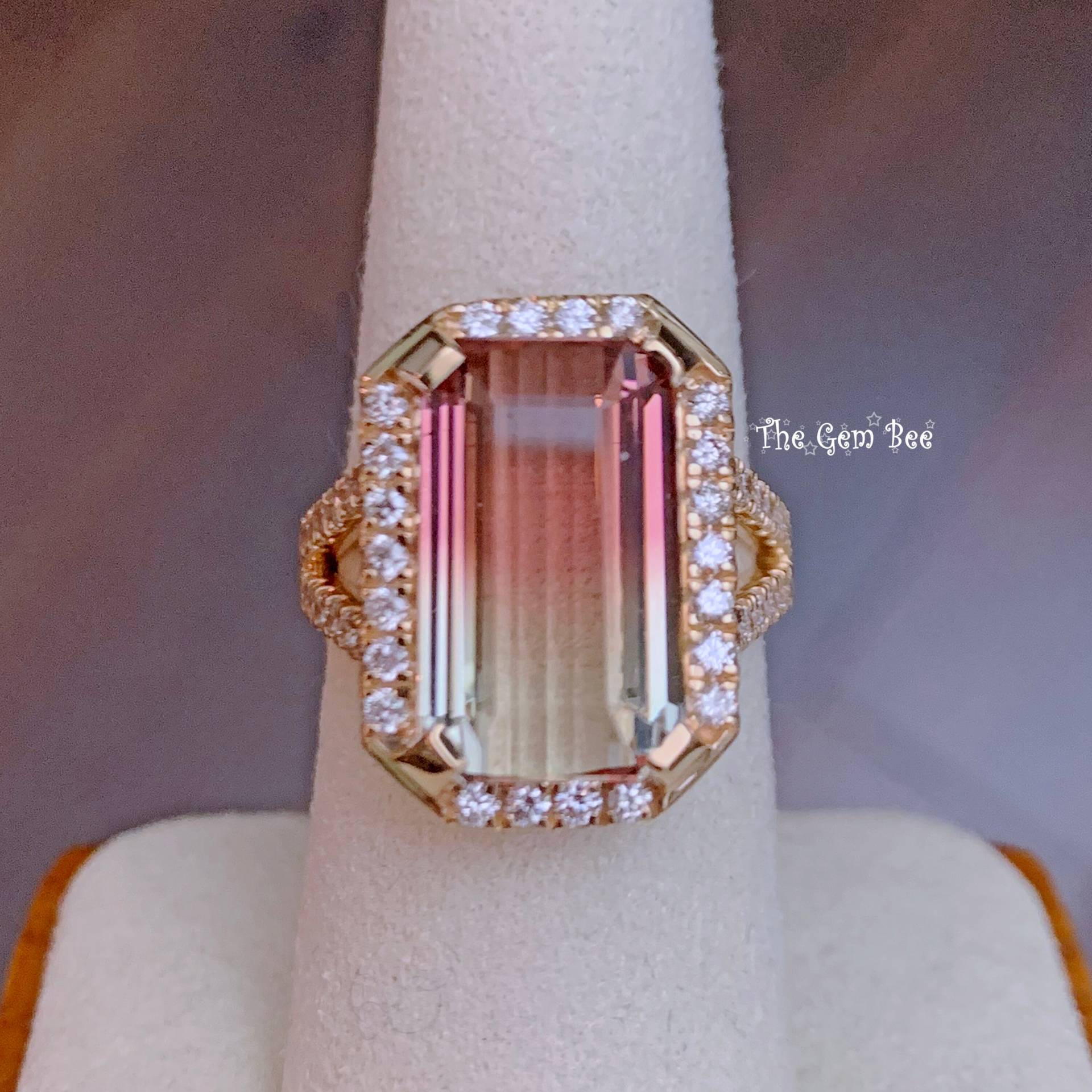 9.37Ct Grün Pink Bi-Color Wassermelonen Turmalin Diamant 18K Gelbgold Ring Größe 6.75 von thegembee