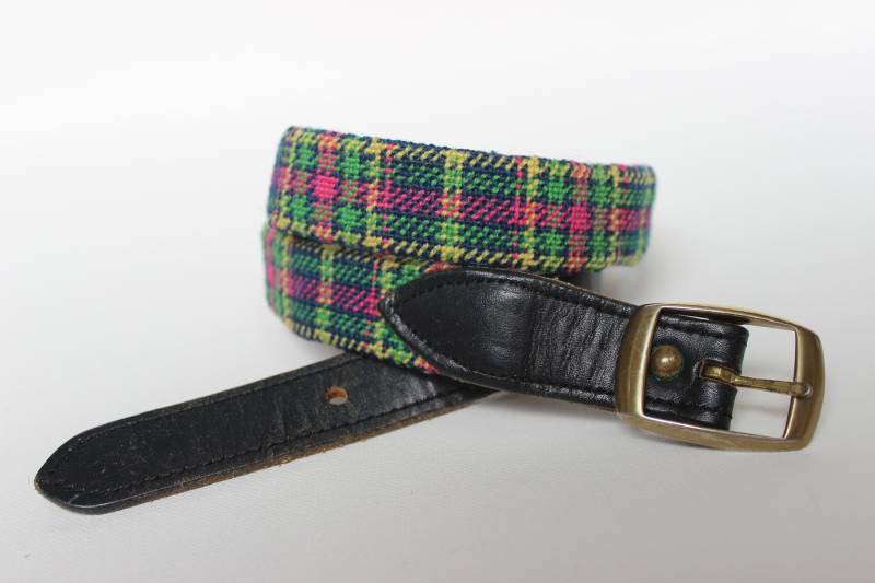 Jahrgang Nadelspitze Gürtel Adretten Plaid Und Navy Leder Mit Messing-Schnalle. Kleine Stickerei Gürtel. Golf-Gürtel. 1980Er Jahre von thegypsygoat