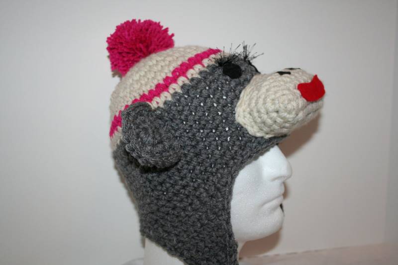 Gehäkelter Sock Monkey Hut Graumelierte Mütze Mit Wimpern von theheadsaid