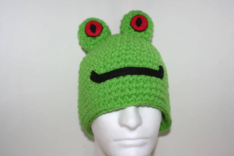 Handgemachte Gehäkelte Charakter Hut, Die Wie Ein Rotäugiger Laubfrosch Aussieht von theheadsaid