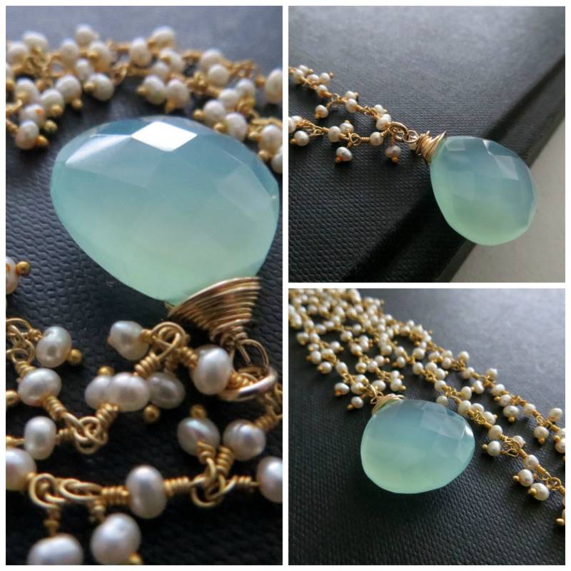 Aqua Blaue Chalcedon Und Perlen Halskette, Etwas Braut Sommer Strand Hochzeit Schmuck, Halskette von thejewelrybar