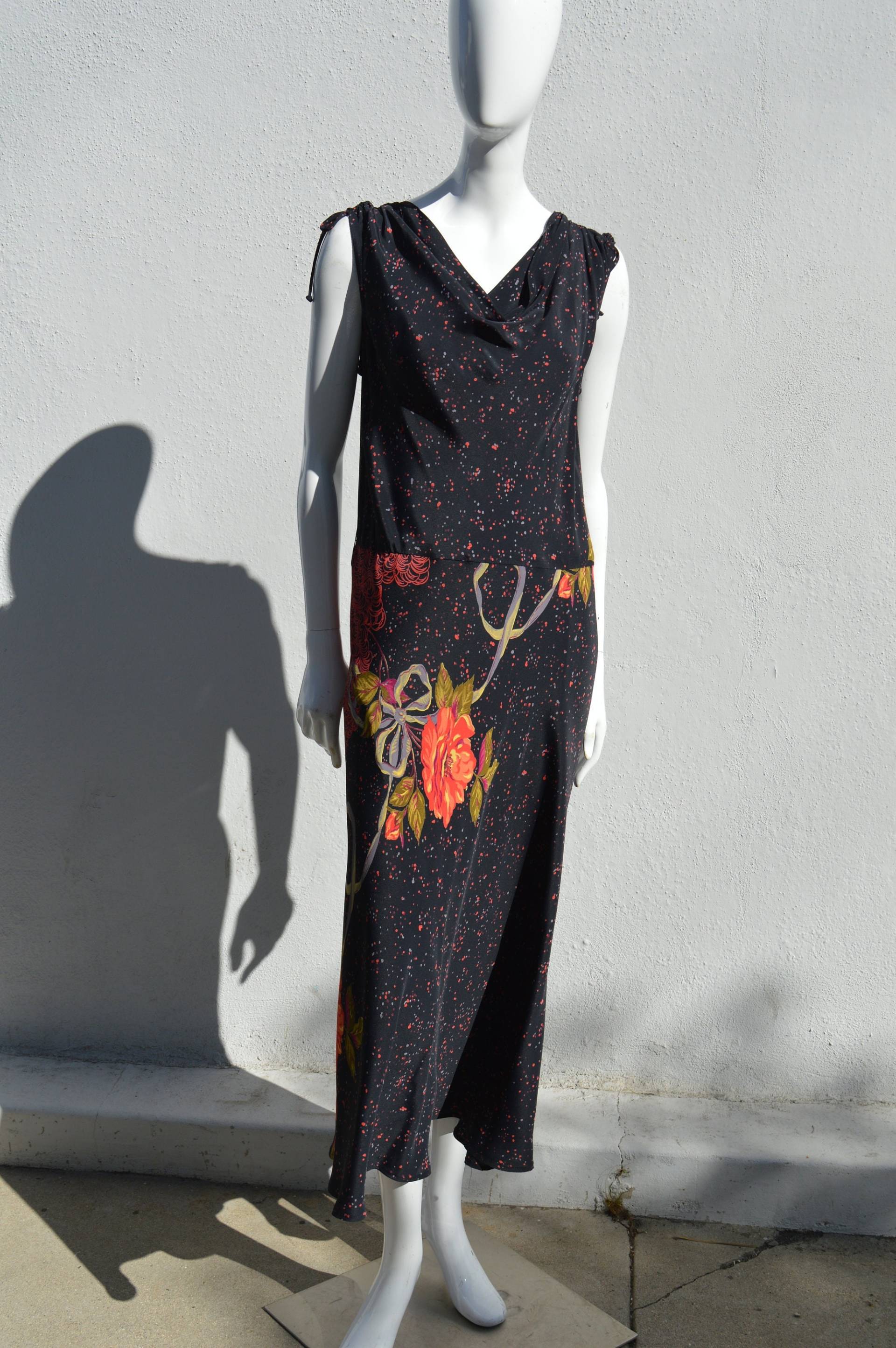 Vintage 30-40Er Neuheit Print Maxi Kleid Ärmellos Rayon Größe L Flapper Floral von thekaliman