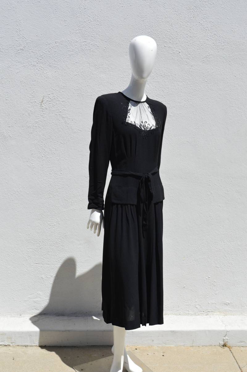 Vintage 40Er Viskose Kleid Hand Perlenbesetzter Ausschnitt Art Deco Wwii Abendkleid Size 8 + By Thekaliman von thekaliman