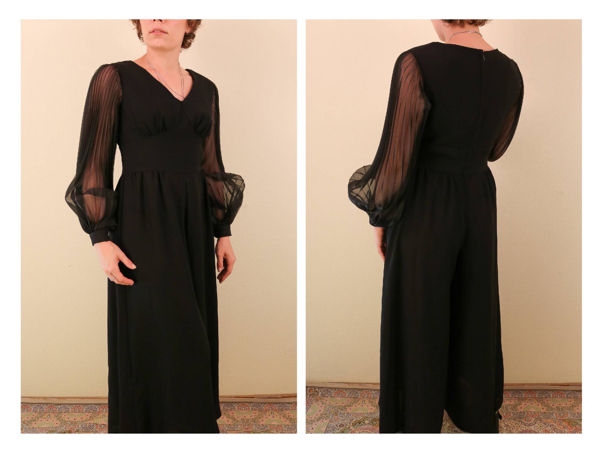 1960 Elegante Schwarze Overall Palazzo Hose Breite Bein Mit Akkordeon Pleated Lange Ärmel Göttin Hexe Zeremonie von thelivingroomvintage