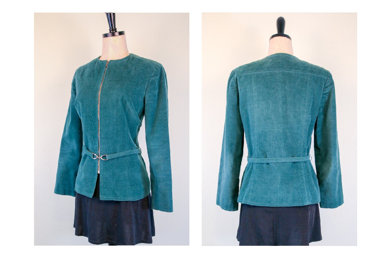 1960 Erherzog Teal Grün Classy Corduroy Zip Up Gürtel Top Bluse Wahre Mod Größe Klein von thelivingroomvintage