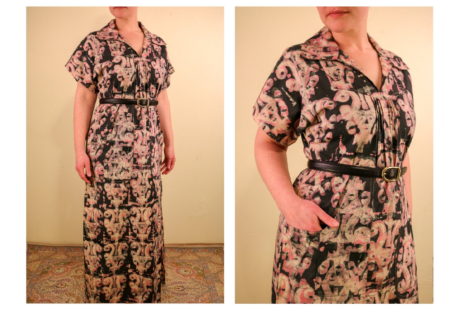 1960 Es Black & Pink Batik Cotton Kaftan Maxi Dress With Pockets Big Tall Vintage von thelivingroomvintage