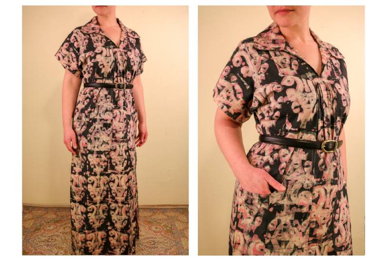 1960 Es Black & Pink Batik Cotton Kaftan Maxi Dress With Pockets Big Tall Vintage von thelivingroomvintage