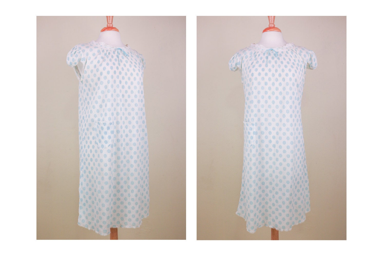 1960 Hellblau Und Weiß Gepunktet Dot Krepp-Blumen-Nachthemd von thelivingroomvintage