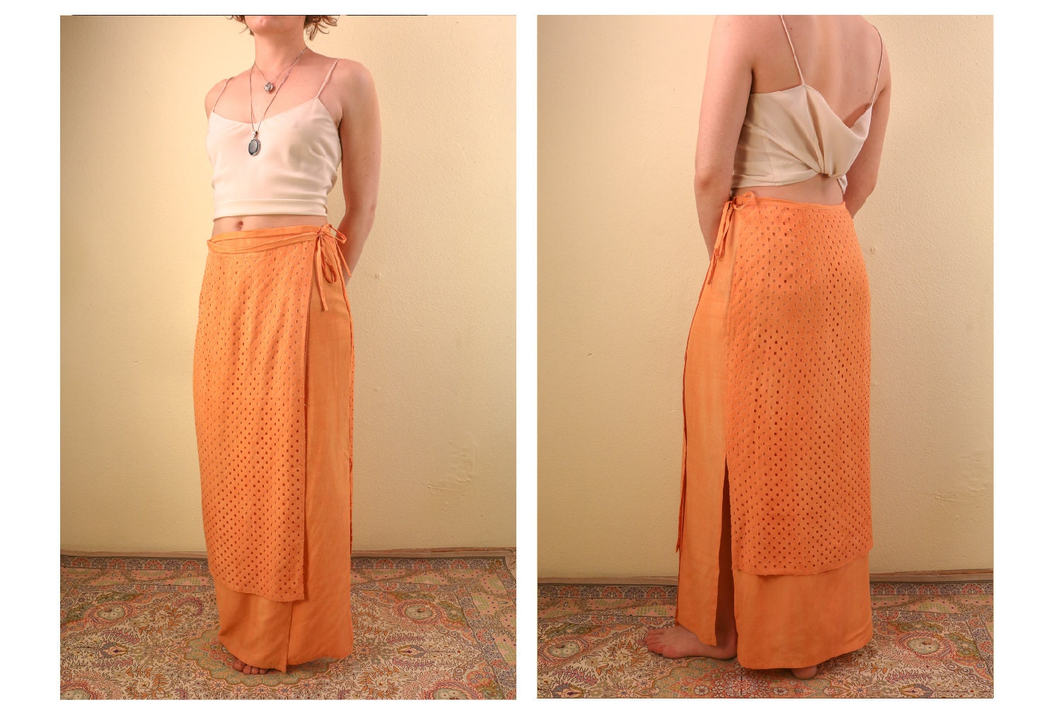 1970Er-Jahren Cantaloupe Peach Burn Out Wrap Rock von thelivingroomvintage