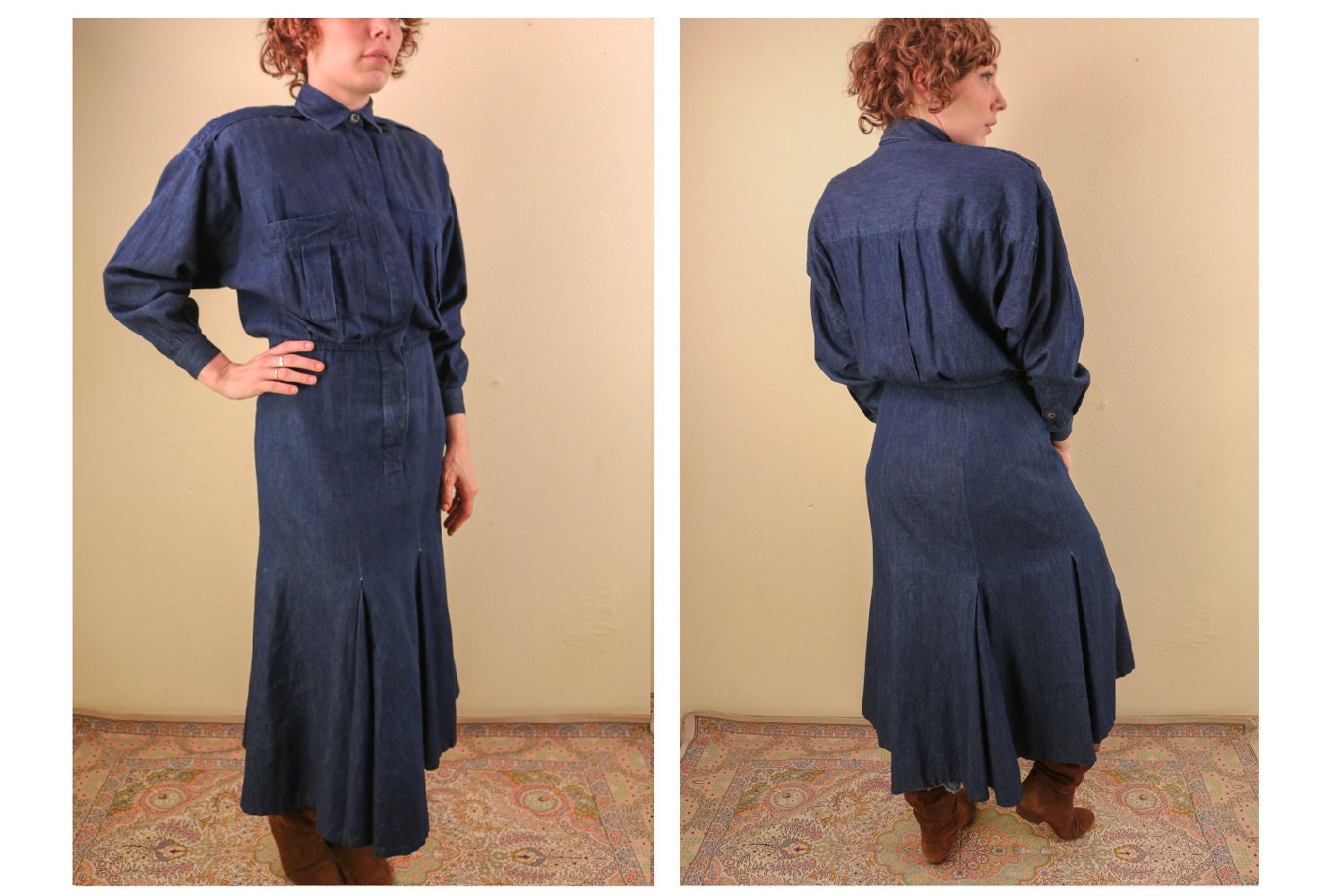 1980 " S Complete Denim Long Sleeve Dress Square Dancing Rodeo Shoulder Pads von thelivingroomvintage