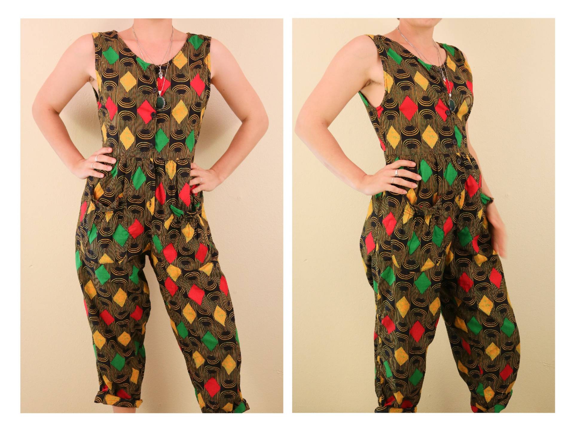 1990Er Jahre Baumwolle Strampler Jumpsuit Harlekin Muster Mit Taschen Street Wear Urban Fozy New York von thelivingroomvintage