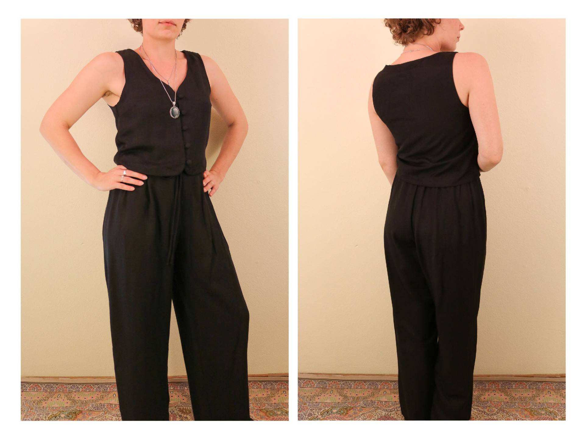 1990Er Jahre Vintage Schwarz Ärmellose Overall Weste Strampler Ein Stück Chic von thelivingroomvintage