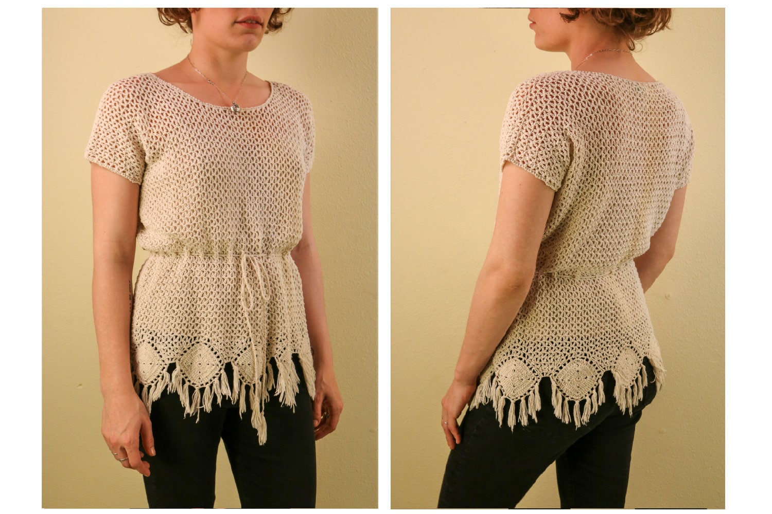 60Er Jahre Cream Boho Open Knit Paradise Macrame Hippie Cinch Top von thelivingroomvintage