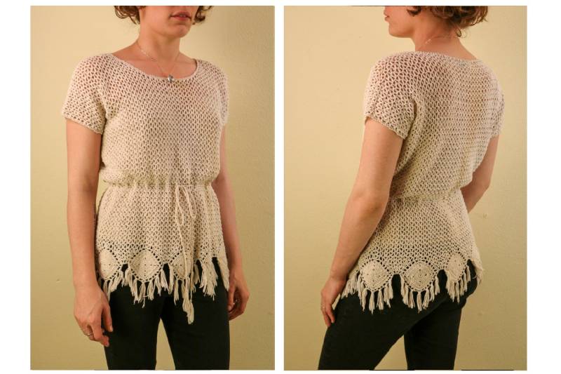 60Er Jahre Cream Boho Open Knit Paradise Macrame Hippie Cinch Top von thelivingroomvintage