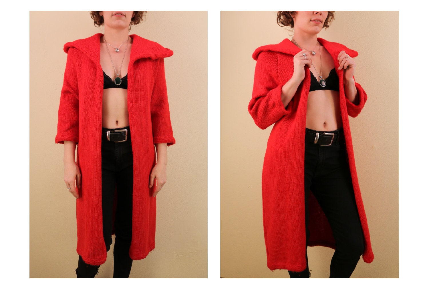 60Er Jahre Red Wool Knit Long Open Sweater Mit Big Collar von thelivingroomvintage