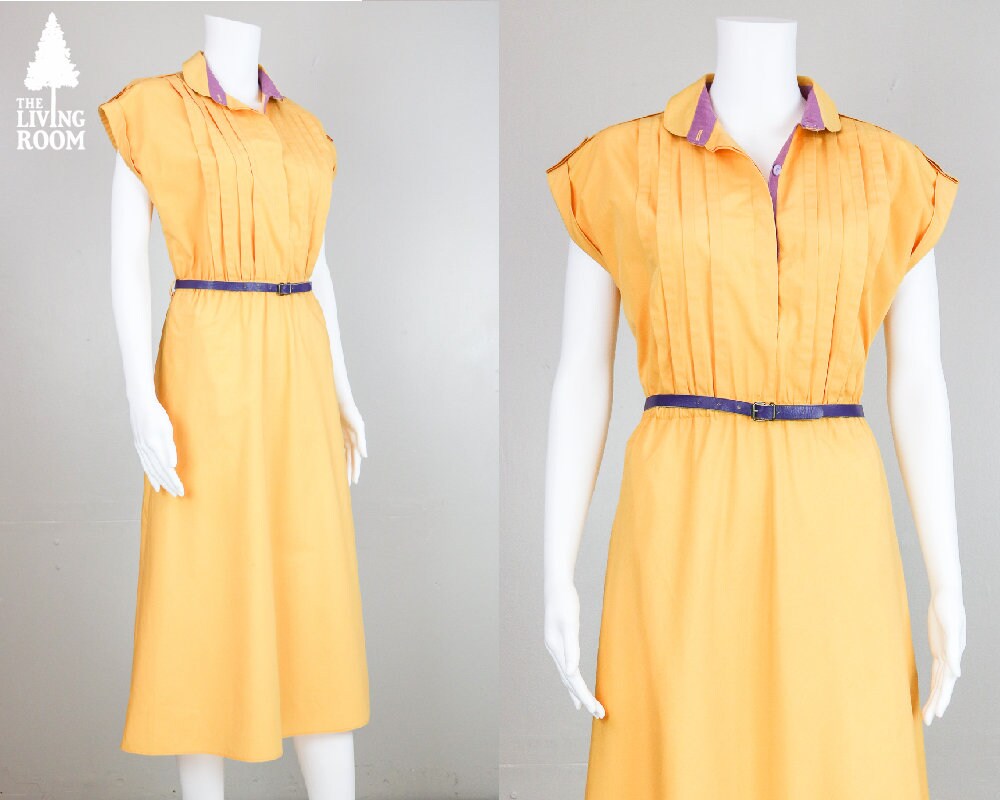 80Er Jahre Kragen Gelb Kleid Mit Lila Detail & Ledergürtel von thelivingroomvintage