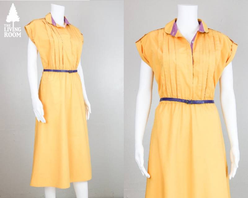 80Er Jahre Kragen Gelb Kleid Mit Lila Detail & Ledergürtel von thelivingroomvintage