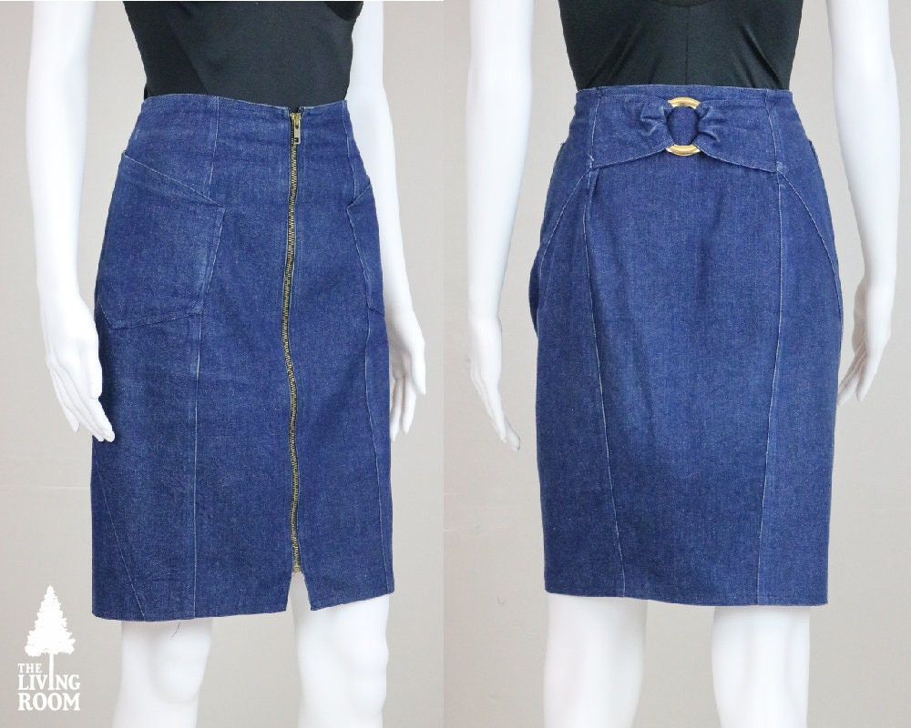 80Er Jahre Reißverschluss Denim Bleistift Ein Mit Gold Metall Zurück Detail Und Taschen von thelivingroomvintage