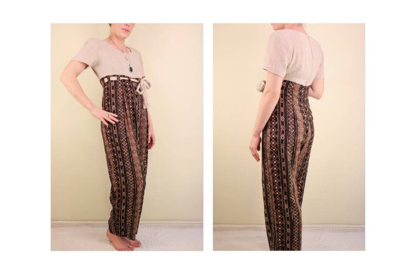90Er Jahre Kurzarm Ethno-Print Und Strampler Overall Mit Schleife von thelivingroomvintage